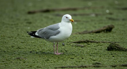 Obraz premium Seagull Standing on a Carpet of Green Algae in a Coastal Wetland, Commercial Stock Photo for Bio-Diversity and Nature
