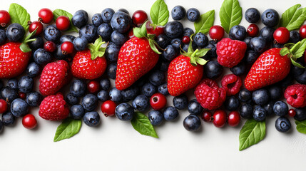 Fresh Berries and Green Leaves Arranged on White Background