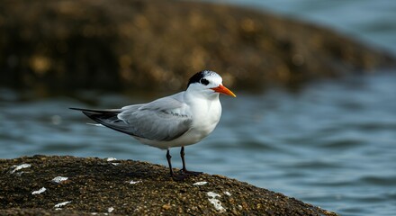 Common Tern or Forster's Tern perched on a rock by the sea, elegant white and gray seabird in soft coastal lighting