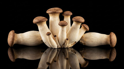 Eringi mushrooms on a black reflective surface background
