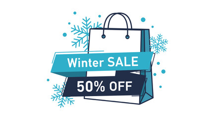 Winter sale promotion graphic features a shopping bag decorated with blue snowflakes and a bold 50 percent off discount message.