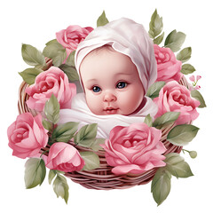 Charming Pink Newborn in Flower Basket