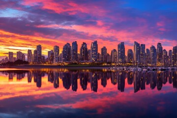 Fototapeta premium Modern city skyscrapers and a marina reflecting vibrant sunset colors in tranquil water