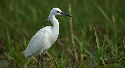 Obraz premium Snowy Egret Wading in Shallow Marsh Water Surrounded by Reeds, White Water Bird Egretta Thula in Natural Habitat, Serene Wildlife Scene for Commercial and Editorial Use