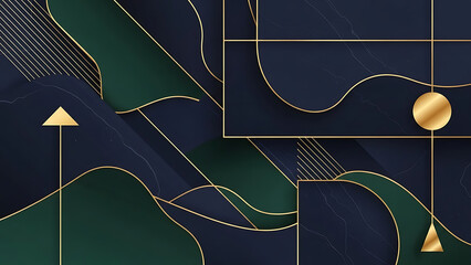 Dynamic abstract background with elegant gold lines and rich emerald and navy blue curves, creating a sophisticated and luxurious modern design for presentations and branding