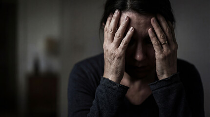 Woman with her hands on her face in a gesture of suffering or depression. International Day of Older Persons