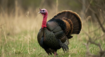 Fototapeta premium Wild Turkey Tom Displaying Full Tail Feathers in Forest Clearing, Meleagris Gallopavo Strutting for Thanksgiving and North American Wildlife Concepts