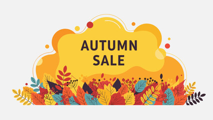 Vibrant autumn sale banner design with a colorful border of fall leaves at the bottom and an orange abstract shape in the middle.