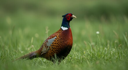 Ring-necked Pheasant Cock Profile View in Lush Green Grass, Majestic Game Bird in Natural Habitat for Environmental Conservation and Sporting Graphics