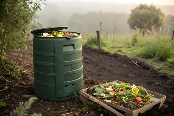 Green compost bin filled with organic garden waste outdoors