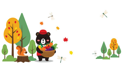 Friendly bear carrying a large basket of freshly harvested autumn vegetables through a forest with a squirrel and dragonflies.