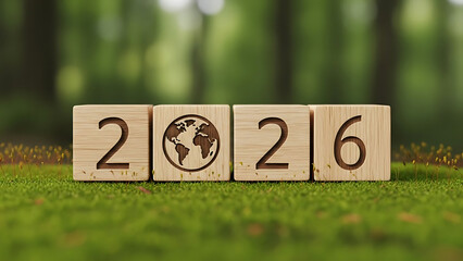 Wooden blocks displaying 2026 with a globe symbol on a mossy surface
