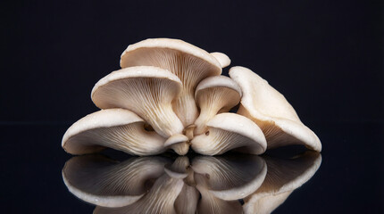 Pleurotus mushrooms on a black reflective surface background