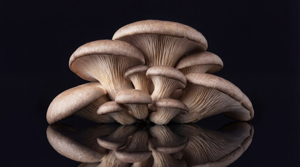 Pleurotus mushrooms on a black reflective surface background