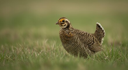 Fototapeta premium Hen Greater Prairie-Chicken walking through green grass, female Tympanuchus cupido bird with detailed barred pattern, spring wildlife photography of american grassland species.