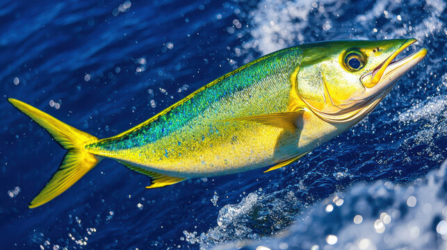 A vibrant mahi-mahi fish with stunning shades of yellow and blue leaps energetically from the ocean's surface, captu the essence of marine life and movement.