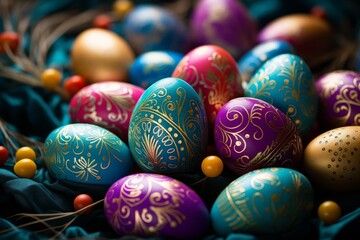 Vibrantly colored easter eggs featuring intricate golden patterns on a dark teal fabric