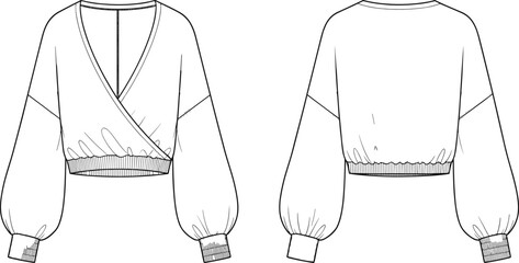 Technical fashion sketch bundle featuring women's double breasted coat, kimono jacket, wrap blouse, racerback bodysuit, and athletic sports bra templates for apparel design and manufacturing. © Atabur