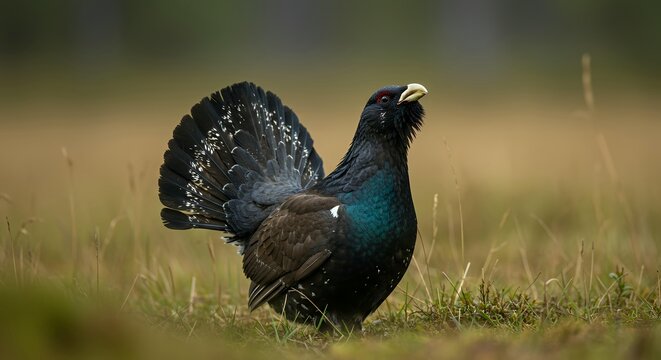 Profile View of Western Capercaillie Male Bird Displaying in Forest Clearing During Spring Mating Season
