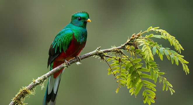 Resplendent Quetzal Bird with Vibrant Green Plumage and Long Tail Resting on Tree Branch in Rainforest