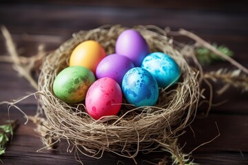 Fototapeta premium Brightly colored easter eggs arranged in a straw nest on a dark wooden background, celebrating spring