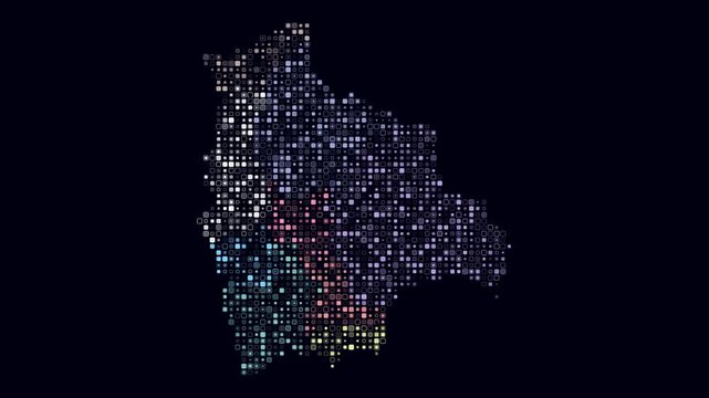 Bolivia map animation. Shape of the country with pulsating colored dots. Small size rounded square blocks. Digital style Bolivia map on dark background. Amazing video.