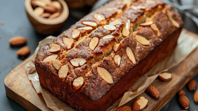 Close-up of a freshly baked loaf cake with an evenly distributed layering of almonds and a soft, moist texture.