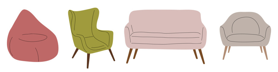 Minimalist flat illustration of four mid-century modern armchairs in soft muted colors with clean lines and Scandinavian style. Isolated on transparent background