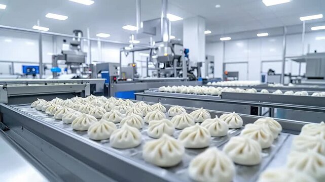 Automated food production line showcasing rows of dumplings in a clean factory setting.