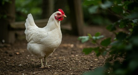 Profile View of White Hen Foraging Outdoors, Domestic White Leghorn Chicken in Green Garden Environment with Soft Bokeh