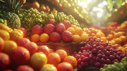 A vibrant and colorful display of various fresh fruits, including oranges, strawberries, and grapes, arranged in baskets at a bustling outdoor market stall.