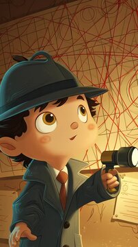 Curious child detective with flashlight in mystery investigation scene