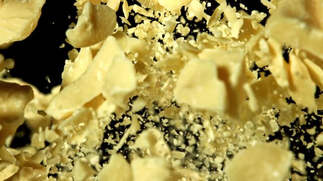 Super slow motion Pieces of white chocolate . Filmed on a high-speed camera at 1000 fps. High quality FullHD footage