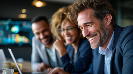 Coworkers laughing together during business meeting, professional collaboration visualization display, workplace camaraderie concept, corporate teamwork representation , with copy space