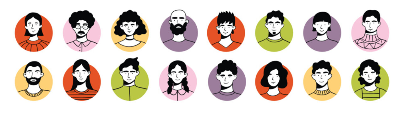Set of various avatars. Male and female, hand drawn doodle style, black and white on bright circles. Abstract avatars in round shapes, smiling diverse portraits. Isolated circles on white background.