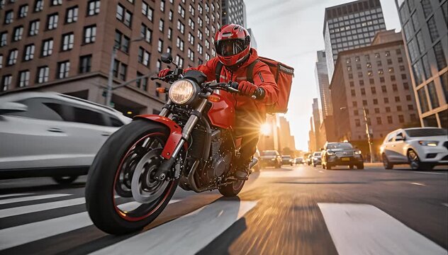 Urban motorcycle delivery rider navigating city streets during golden hour with traffic motorcycle, street.