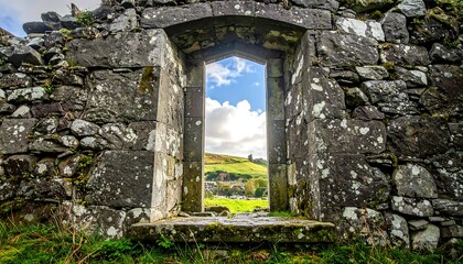 Ancient Stone Window Frame Overlooking Lush Green Rolling Hills Under a Cloudy Sky.