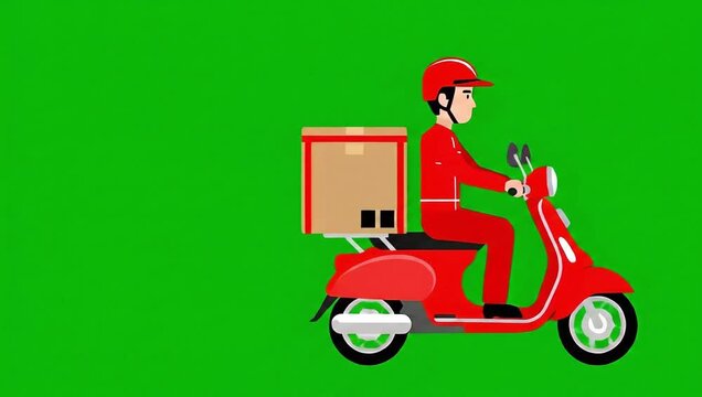 2D Delivery Person on Red Scooter Animation Green Screen 4k Video