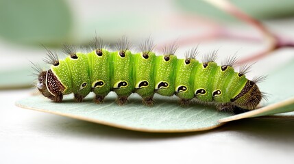 Fototapeta premium Close-up of a vibrant green caterpillar resting on a leaf, showcasing intricate details and textures of nature's design in a serene environment
