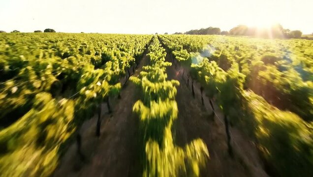 Fast Zoom Through Lush Vineyard Rows at Sunset with Golden Sun Flare, Agricultural Farming Concept for Wine Production