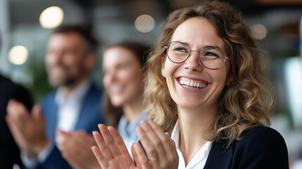 Successful group business people collaborating, laughing professional office display, team achievement visualization, workplace joy concept, corporate success representation, collaborative