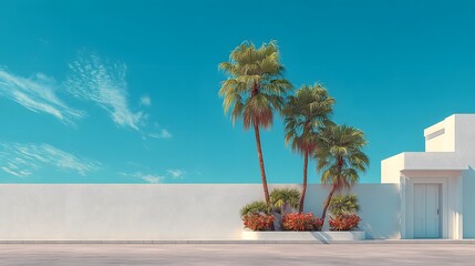 High white garden wall frames tropical palm trees peeking over the top against a bright blue sky with wispy clouds giving a villa vibe.