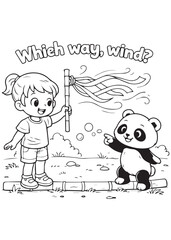Fototapeta premium coloring book boy discovering wind direction with panda using ribbons and movement