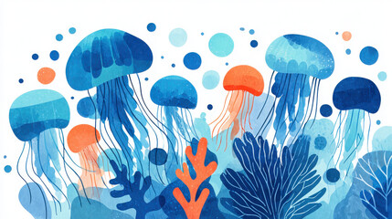 Colorful watercolor illustration of jellyfish swimming with coral and bubbles in ocean