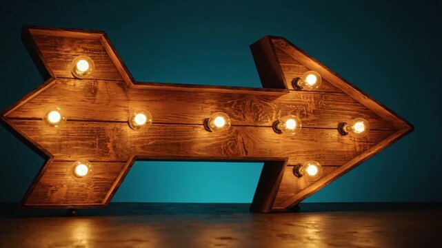 A captivating rustic wooden arrow sign, featuring a row of warm, glowing vintage light bulbs, stands illuminated against a deep teal background. The distressed wood texture and inviting glow create a 
