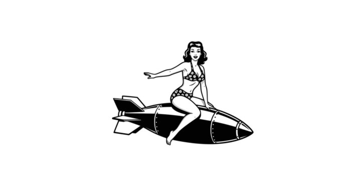 Pin up woman in bikini swimsuit riding a bomb like a surfer, isolated on the color background. Vintage nose art style vector illustration.