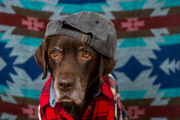 Labrador Retriever Dog in red shirt and gray baseball cap sits on floor with sad face. animals are like people, taking care of dog. pedigreed domestic pet, posing, animal clothing. High quality photo