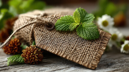 Rustic brown burlap tag with green leaves and dried flowers on wooden surface