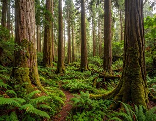 Fototapeta premium Towering trees with lush green ferns carpet a serene forest floor.
