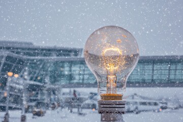 Snow falls on light bulb near airport with planes in background during winter season